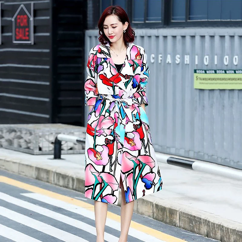 

Spring Autumn Korean Slim Mid-Length Women Flowers Print Thin Trench Coat With Belt Lapel Long Sleeve Female Windbreaker Outwear