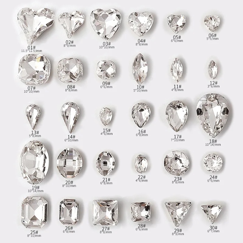 20PCS Sparkle Translucent White Pointed Diamonds Love Marquise Tri Rect Drop Oval Nail Art Rhinestones Jewel Manicure Charms