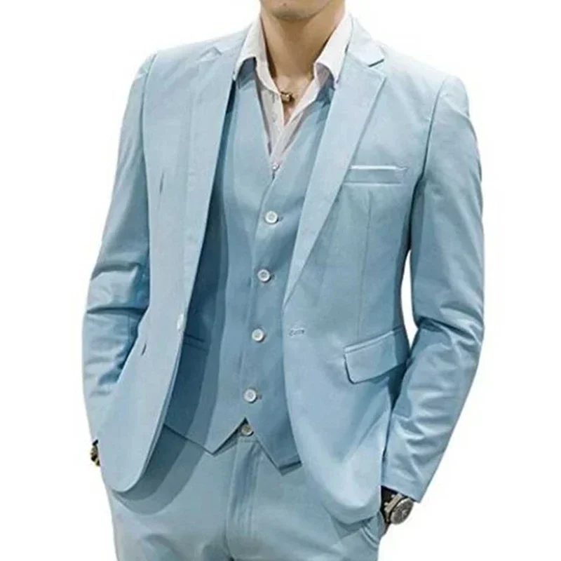 

2024 Elegant Sky Blue Men Suits Smart Casual Slim Fit Blazer Hombre Business High Quality Custom 3 Piece Set Jacket Pant Vest