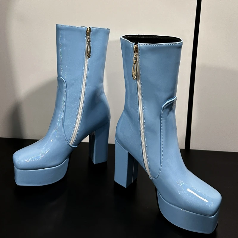 Trend Platform Ankle Boots For Women Black White Blue Pink High Heel Short Rain Boot Autumn Winter Party Dance Shoes Female Sexy