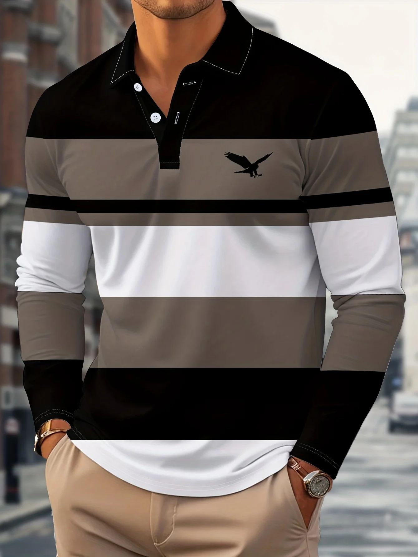 New Men's Stylish Autumn Polo Shirt Minimalist Striped Print Button-Front Polo Suitable for Business Casual Outdoor Sports