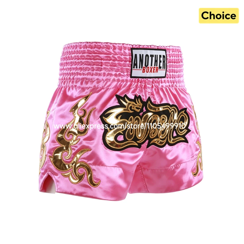 Muay Thai Kampfshorts Kickbox-Shorts für Männer Frauen Kinder Boxshorts mit Goldstickerei Tanz-Boxtraining Wettkampfhosen in Pink