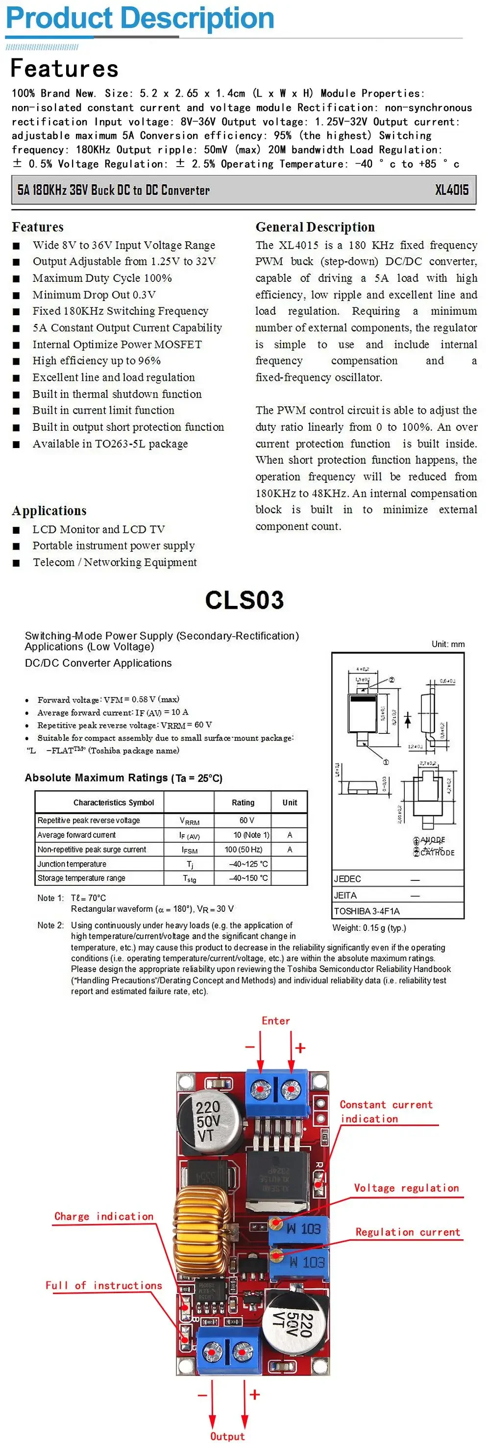 Convertisseur de tension XL4015 DC-DC Step Down Module 5A 8V-36V à 1.25V-32V