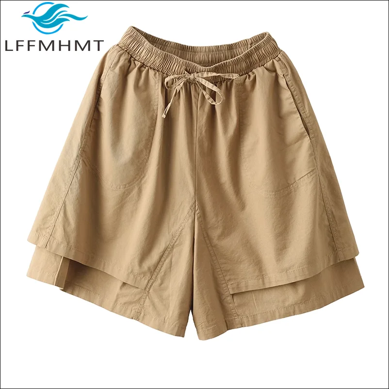 

Summer New Fashion Cotton Linen Shorts for Women Elastic Waist Drawstring Solid Color Simple Basic Half Length Pants Female