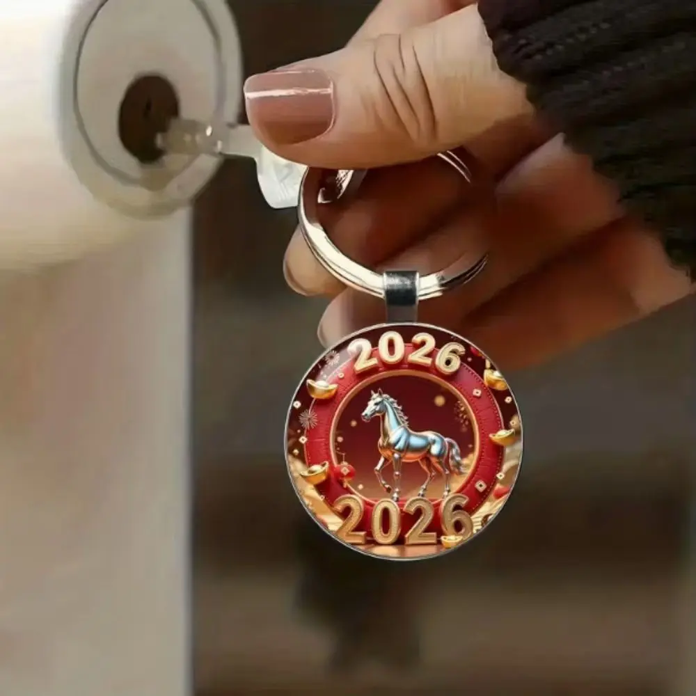 Fashion 2D Flat Horse Pattern Keychain Vivid Colorful Animal Horse Keychain Unique Round New Year 2026 Keychain Pendant Gifts