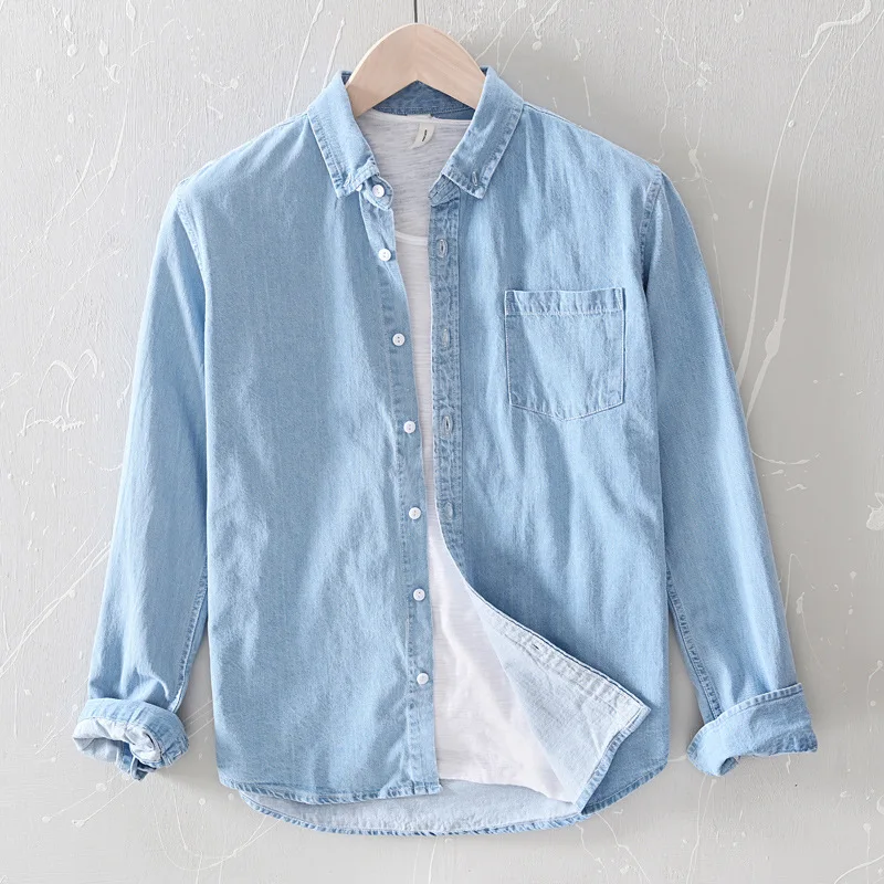 

New casual long sleeve denim shirt, stylish daily outerwear for office men