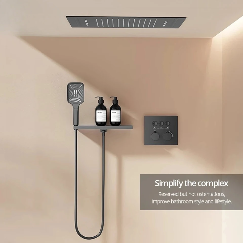 

Embedded Box Thermostatic Faucet Gunmetal Ceiling Shower Head & Shelf Wall Mounted Mixer Er Hot And Cold Bathroom Tap