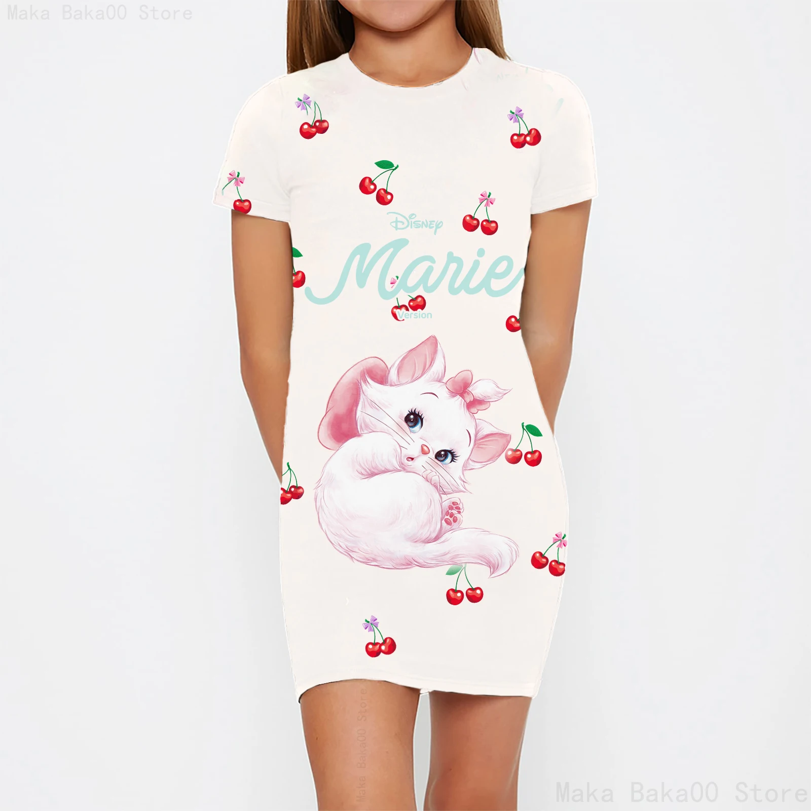 Cartoon Mary cat print short-sleeved dress, cute cartoon casual loose home dress for children and baby girls pajamas