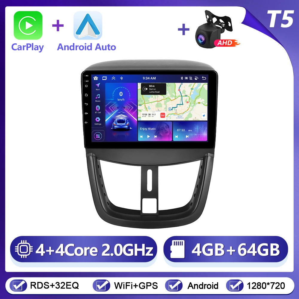 Podofo draadloze CarPlay Android Auto autoradio voor Peugeot 207 2009-2013 GPS navigatie 2Din multimediasysteem autoradio stereo