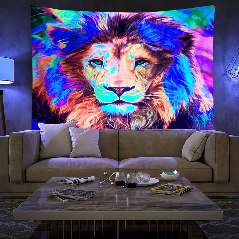 Ultraviolet Uniqued Fluorescent Tapestry Lion Wolf Psychedelic Art Tapestry Wall Hanging Blanket Decorative Wall Rugs Room Décor