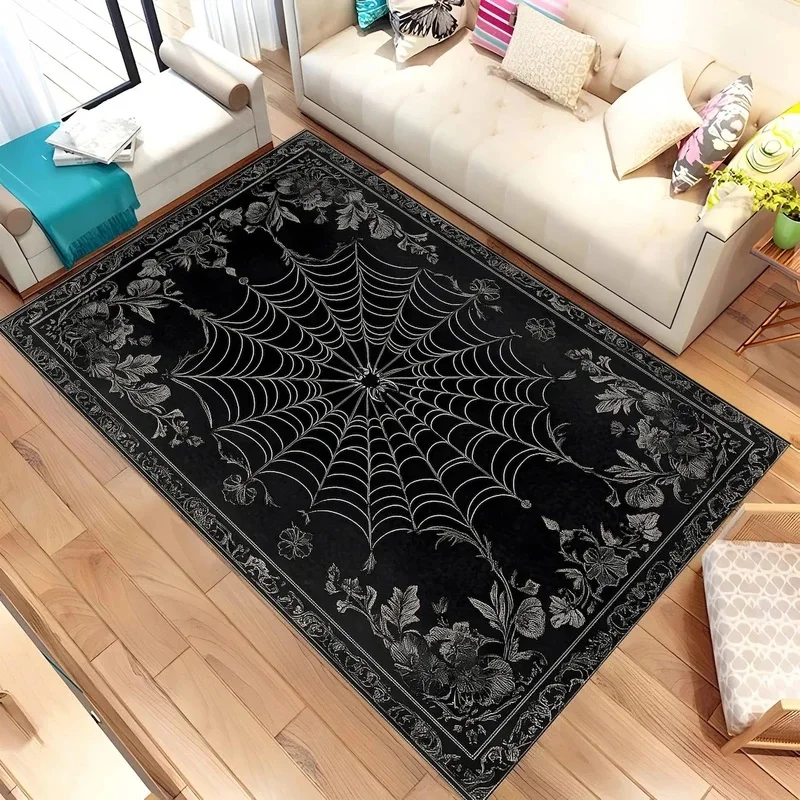 VIKAMA Dark Style Spider Web Floor Mat, Retro Botanical Print Non Slip Rug for Gothic Room Entryway Indoor Home Decor