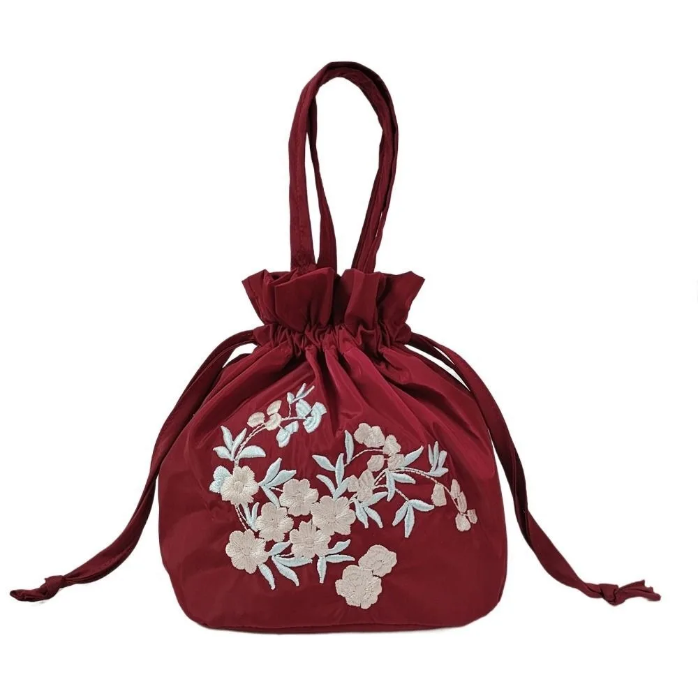 

Satin Silk Retro Drawstrings Bag Leaf Floral Embroidery Flower Handbag Ethnic Style Storage Bag Small Purse Wallet Shopping
