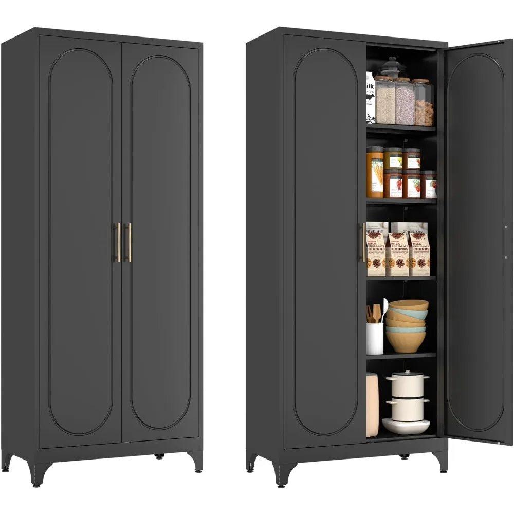 Pantry Cabinet, 75 Inch Tall Kitchen Storage Cabinet, Metal Pantry Cabinet with Doors and Adjustable Shelves, Black Food Cupboar