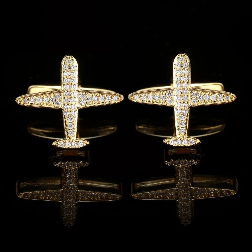 A Pair Fashionable Gold Airplane Cufflinks for Men Stylish French Cuff Shirt Studs with Zircon Accents Perfect for Gentlemen
