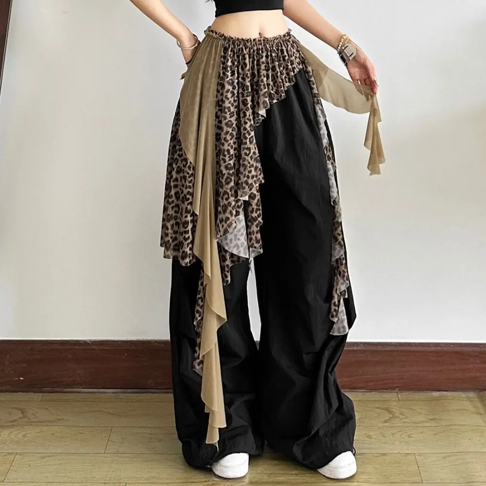 

Jeans Pants Decor Irregular Lace Mini Skirt See Through Leopard Print Lace Up Ruffles Skirt Harajuku Lace-up Design Butt Curtain