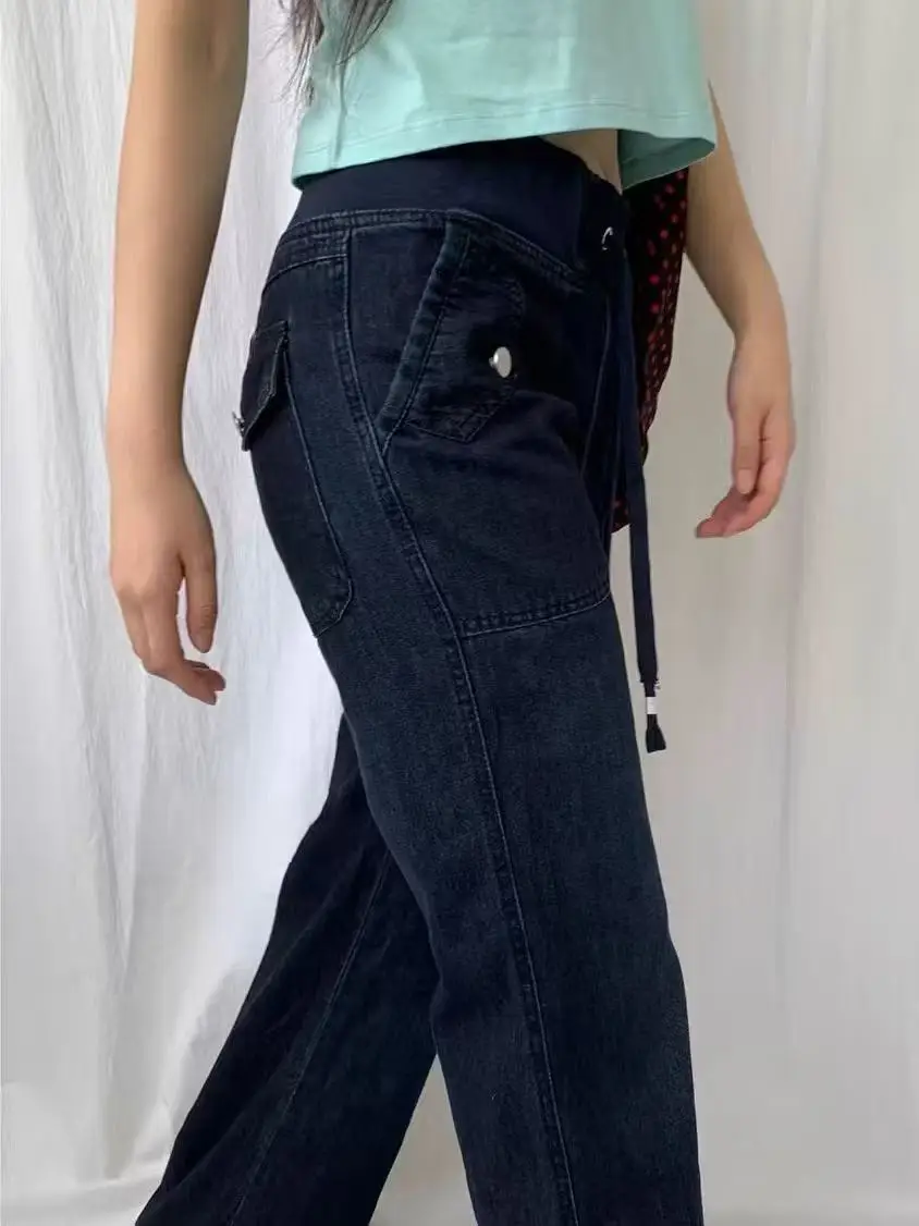 Women's Baggy Jean Grunge Design Wide Fit Drawstring Denim Pants Y2K Japanese Abi Harajuku 2000s American Retro Punk Boyfriend