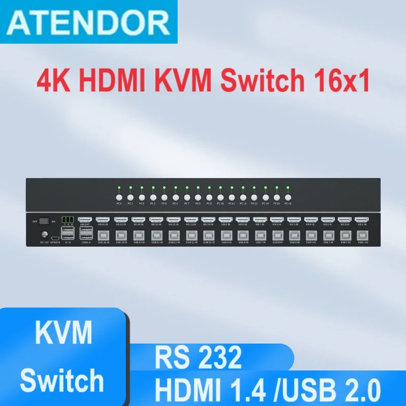 4K HDMI-compatible+USB Type B Switcher KVM Switch 16 port USB Selector 3840x2160 30Hz 16PC to One Monitor KVM Desktop Controller