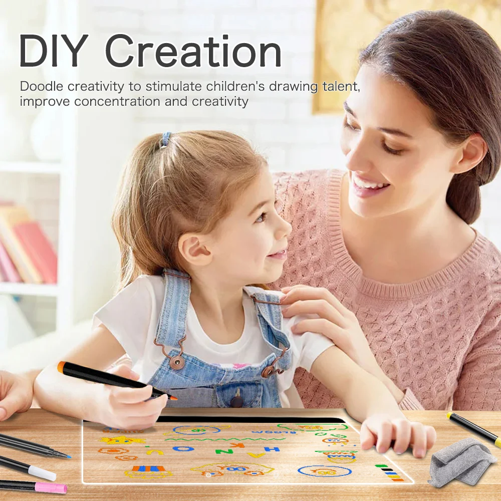 Tablica rysunkowa akrylowa, przezroczysta, podświetlana, 35x25 cm, świecąca, wymazywalna, LED Magic Board, z 7 kolorowymi pisakami i podstawką.