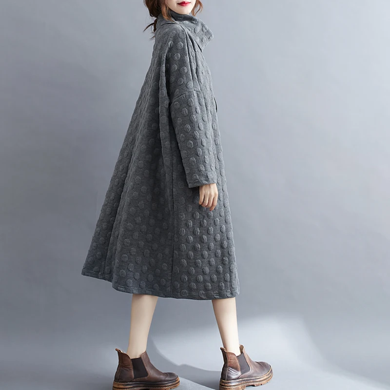 Vintage Fashion High Collar Oversized Elegant Chic Dresses for Women Autumn Winter Simple Solid Long Sleeve Pockets Midi Dress