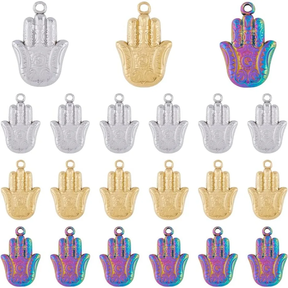 

18Pcs 3 Colors Hamsa Hand Charms 3D Palm of Hand Pendants and Rainbow Color Hand of Miriam Charms Stainless Steel Pendants