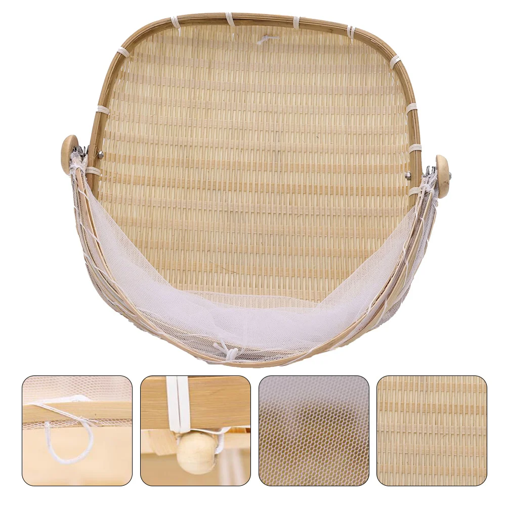 

1 pc Bamboo Food Basket With Net Cover Oblong S Size Mosquito Proof Woven Kitchen Utensil For Outdoor Picnic Household Fruit