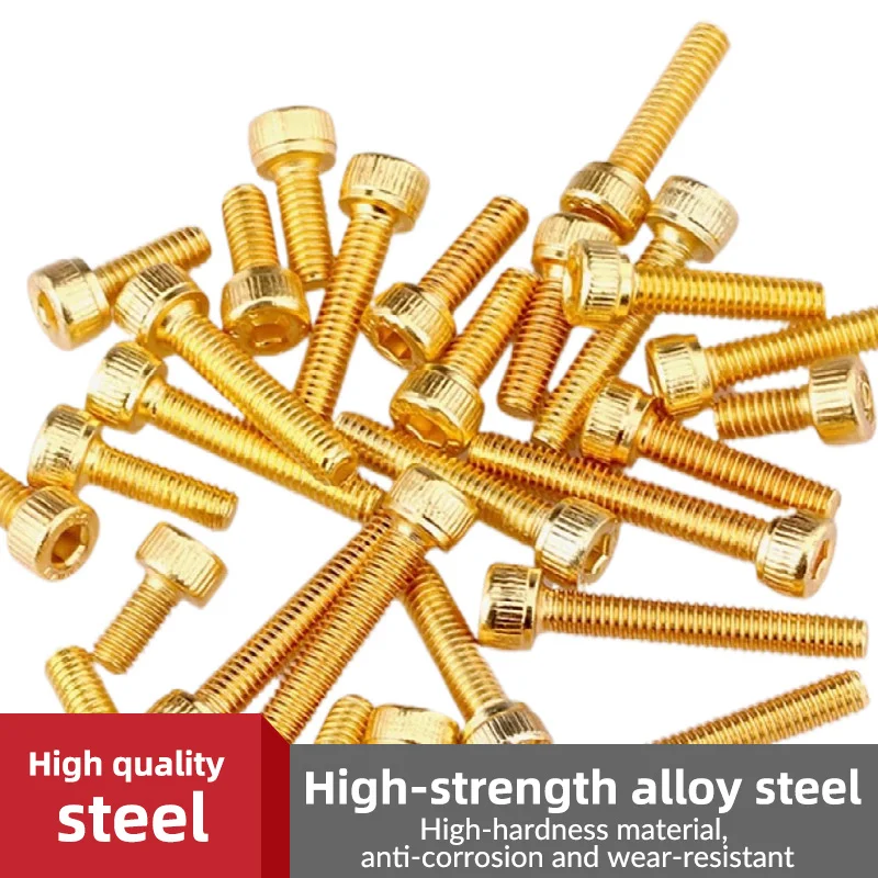 12.9 Grade High Strength Titanium Plated Button Head Hex Socket Screws Gold Alloy Steel Bolts M2-M5 for Mechanical Fastening