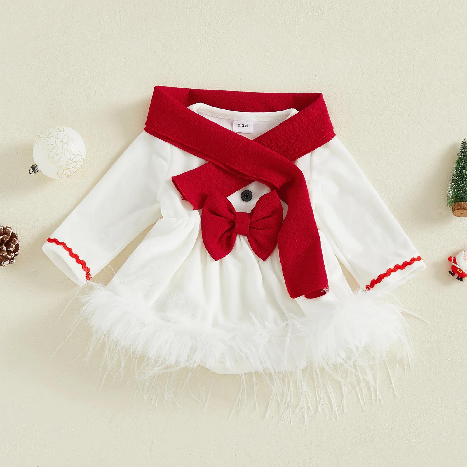 

Baby Girls Christmas Outfit Solid Color Long Sleeve Bow Romper Dress with Headband Clothing Set for 0-18 Months