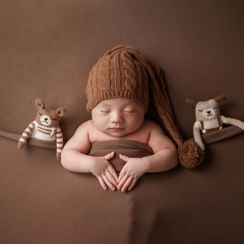 Cute Theme Baby Photography Props Newborn Photo Knitted Animal Dolls Combination Boys And Girls Photo Hat Head Flower Accessorie