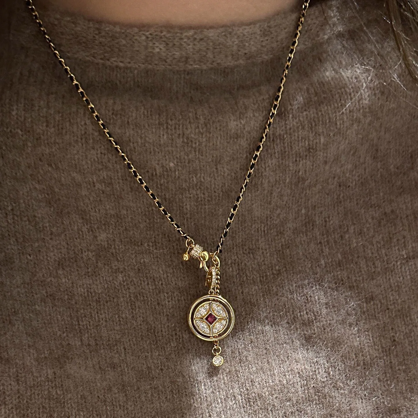 Chinese Style Lucky Fortune Blessing Rotatable Copper Coin Pendant Necklace For Women Double Sided Wear Gold Plated Black Woven