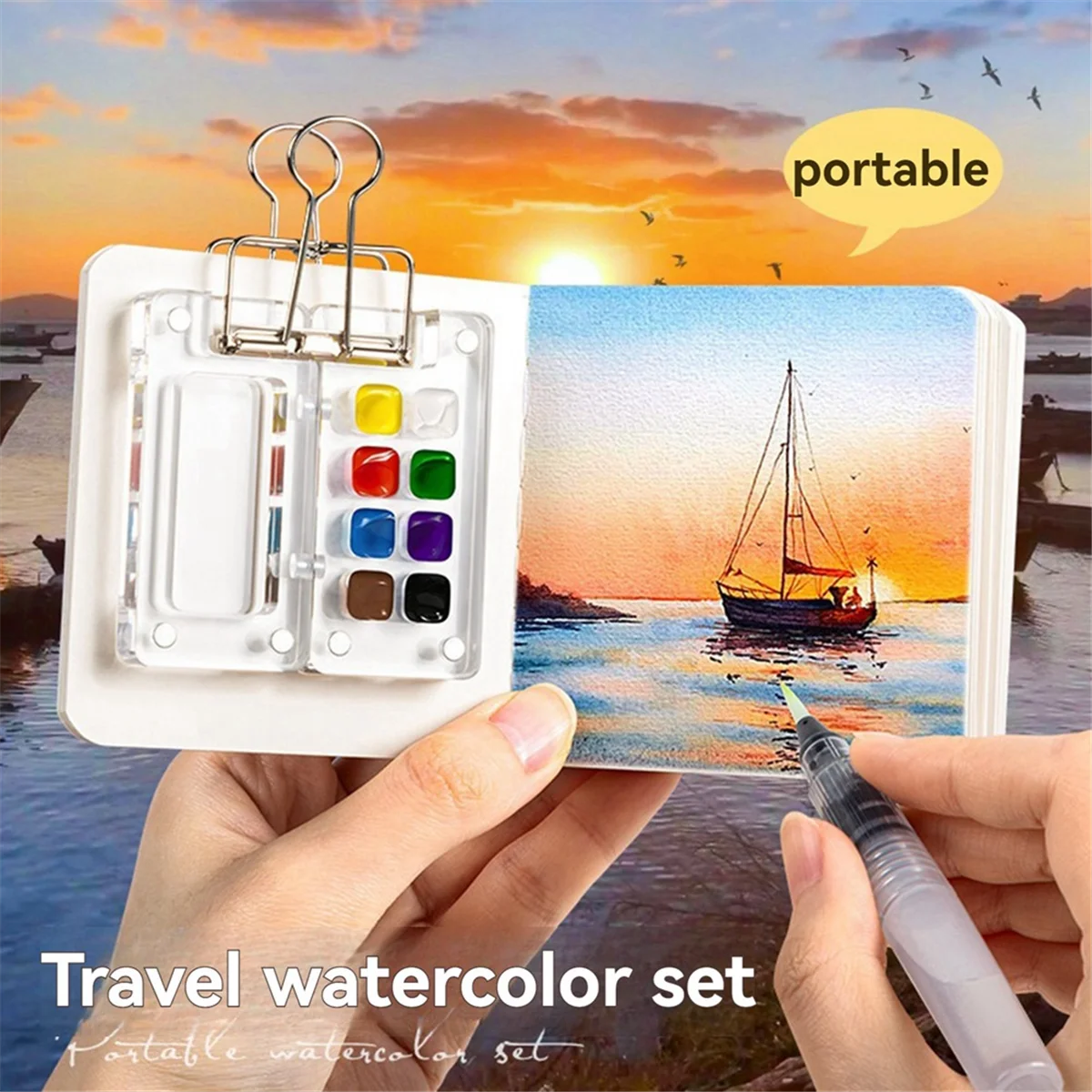 A72Z Portable Palette, Travel Paint Palette, Mini Watercolour Sketchbook, with Metal Clip, Gift for Painters and Artists C A