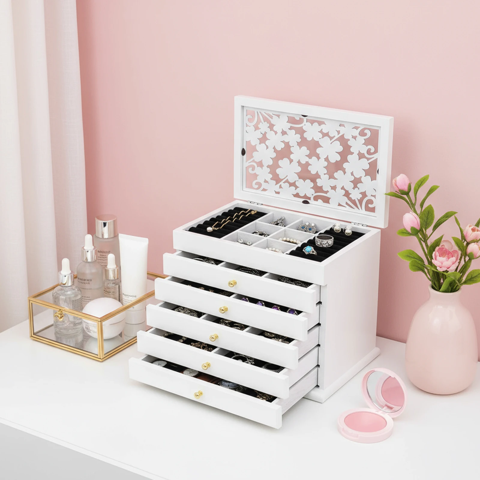6 Layers White Jewelry Box, Paulownia Wood Detachable Drawer Jewellery Storage Case, Velvet Lined Large Capacity Earring Necklace Watch Organizer, Desktop Cosmetic Trinket Display Cabinet, Multifunctional Accessory Collection Holder