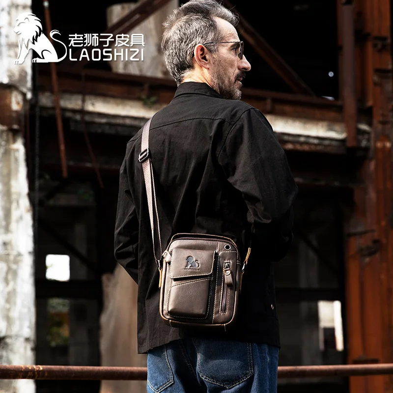 Imagem -03 - Laoshizi-bolsa de Ombro de Couro Vaca Genuína para Homens Bolsa Crossbody Masculina Bolsas Mensageiro Bolsa Pequena Flap Casual Design Zipper