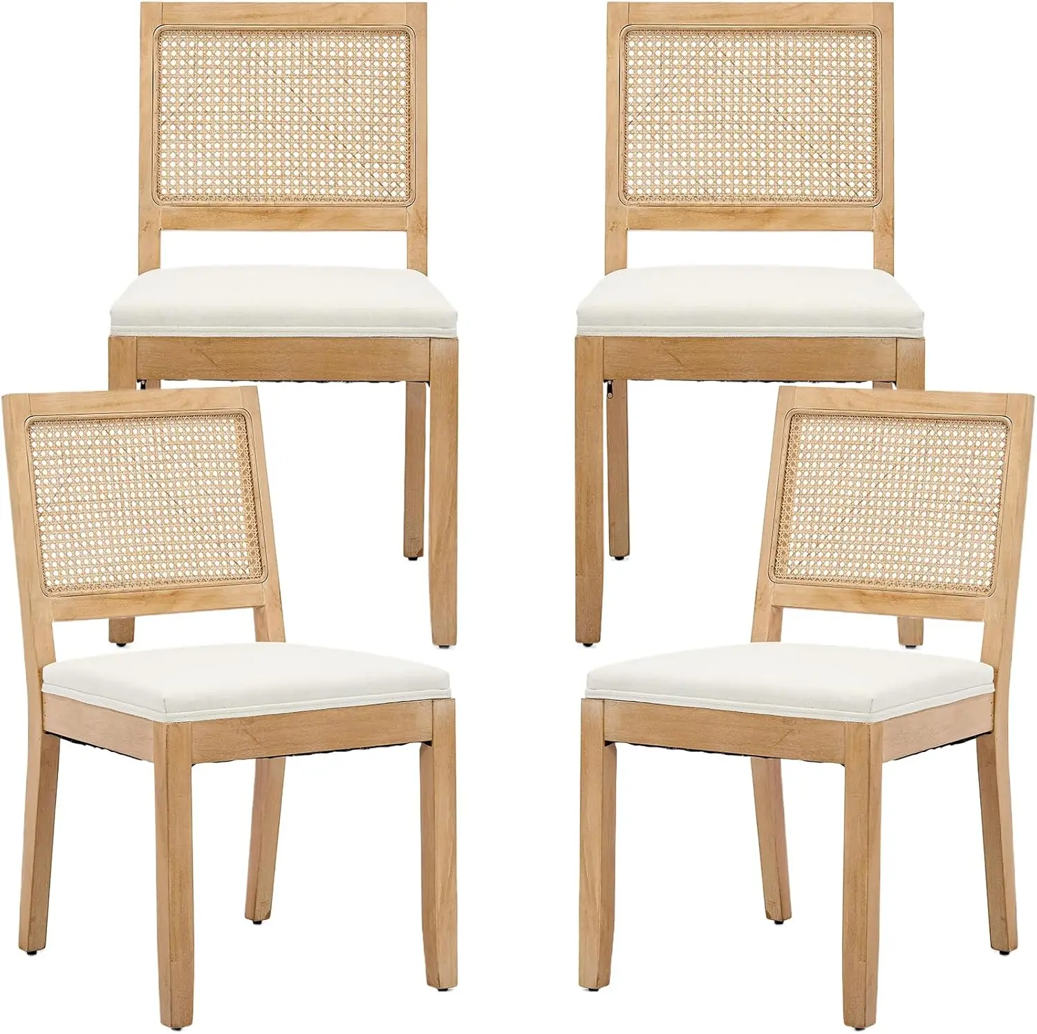 Ivory Rattan Dining Chairs for Kitchen & Dining Room, Set of 4, French Country Style, Cane Low Back and Wood Legs