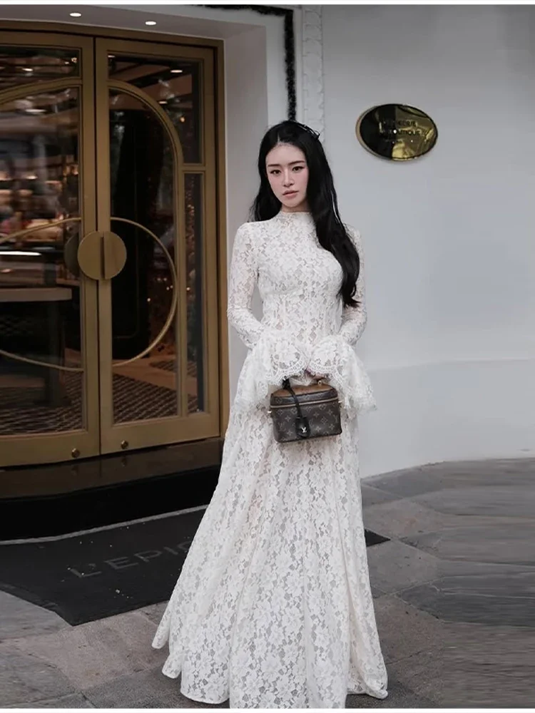 Neues Elegantes Rollkragen-Spitzen-Maxikleid, Dezentes Vintage-Trendkleid für Damen, Abendkleid für Hochzeitsgäste, Formelle Straßenkleidung, Weiches Tragegefühl – Detail 6