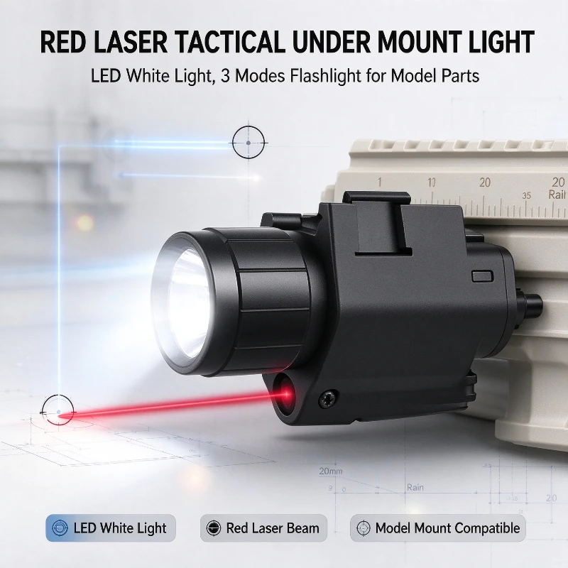 Red Beam Tactical Style Under Mount Lamp, LED White Light 3 Modes Torch for Model Toy Fittings