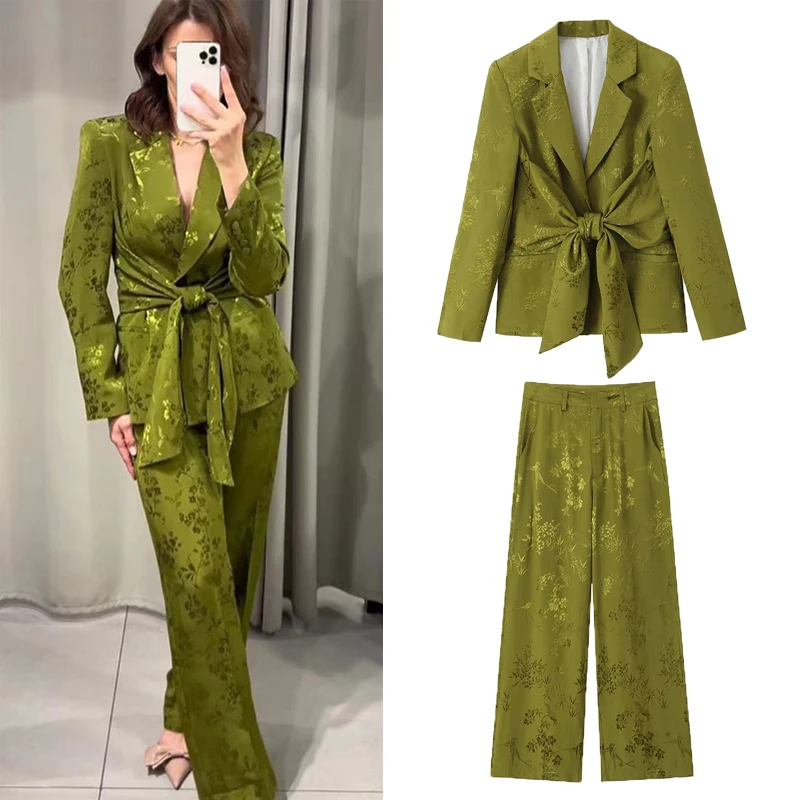 greatguy 2024 Autumn New Women\'s Casual Bow Knot Decoration Jacquard Suit Coat Fashion High Waist Straight Leg Pants Set