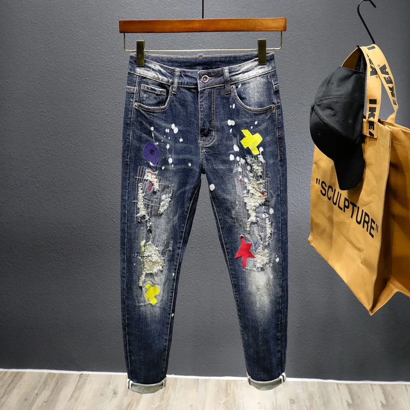 Distressed Jeans For Men Slim Fit Stretch Hip Hop Style Streetwear Patchwork Jeans Printed Embroidered Ripped Beggar Pants Man