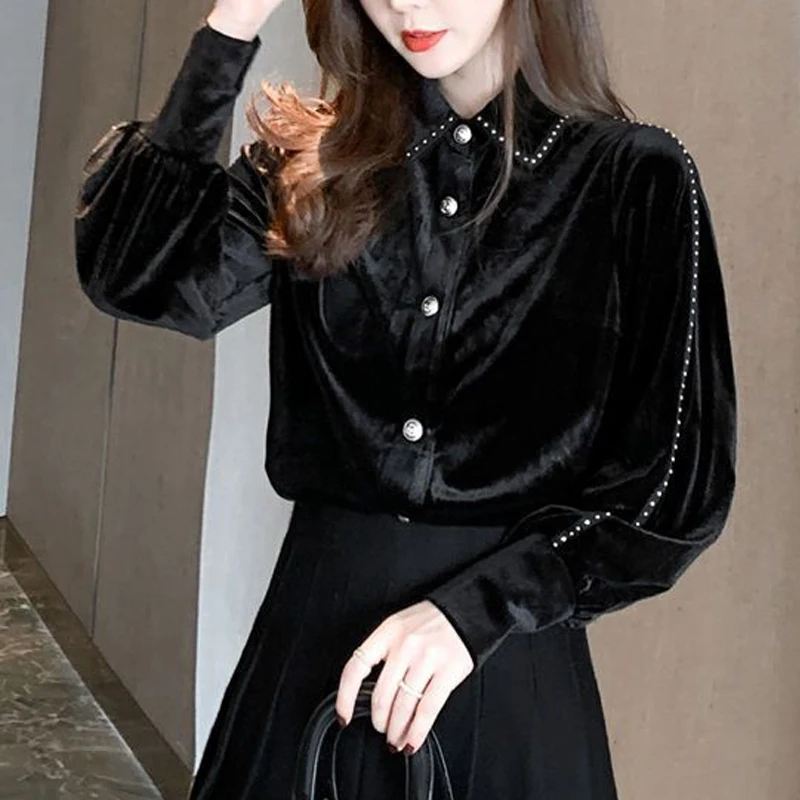 Women Clothing Stylish Vintage Rivet Gold Velvet Button Up Shirts Elegant Chic Lapel Black Blouses Long Sleeve Slim Fleece Tops