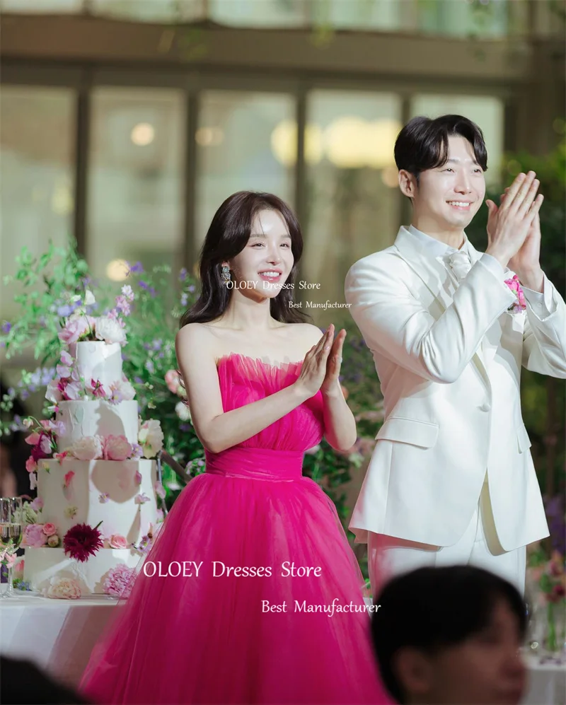 OLOEY 妖精 A ラインホットピンクチュール韓国イブニングドレス結婚式の写真撮影ストラップレスフロアレングスウエディングドレスコルセット CUSOTM