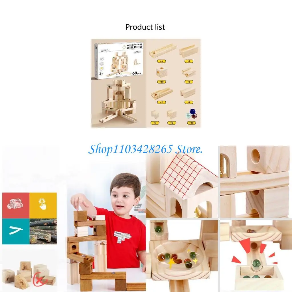 60pcs Wooden Marble Track Assembly Building Blocks Ball Puzzle Children Educational Kids Gift G2TE