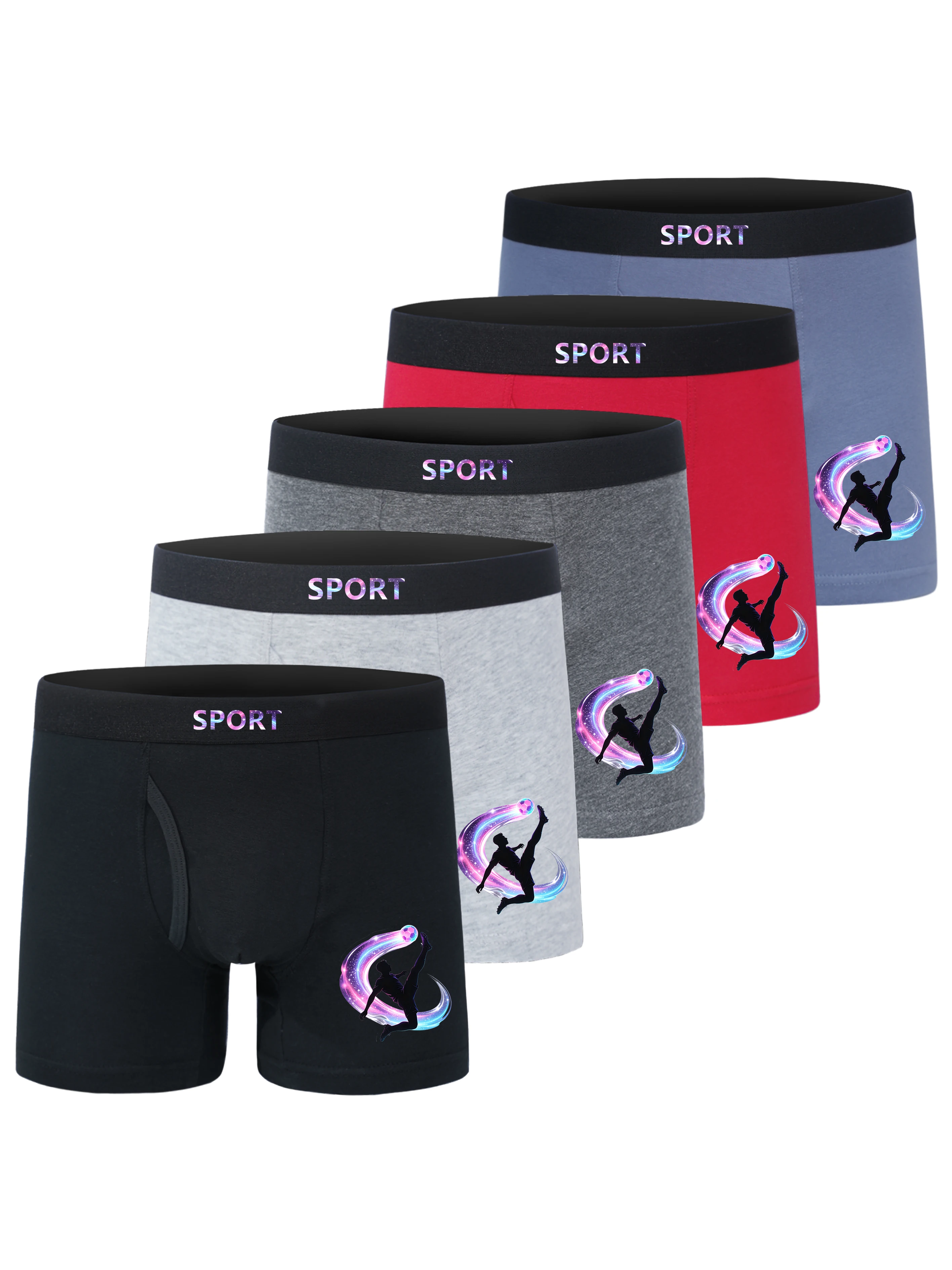 5 Pack Boys Cotton Open Fly Boxer Briefs SPORT Letter Neon Football Player Silhouette Print Soft Breathable Kids Underwear