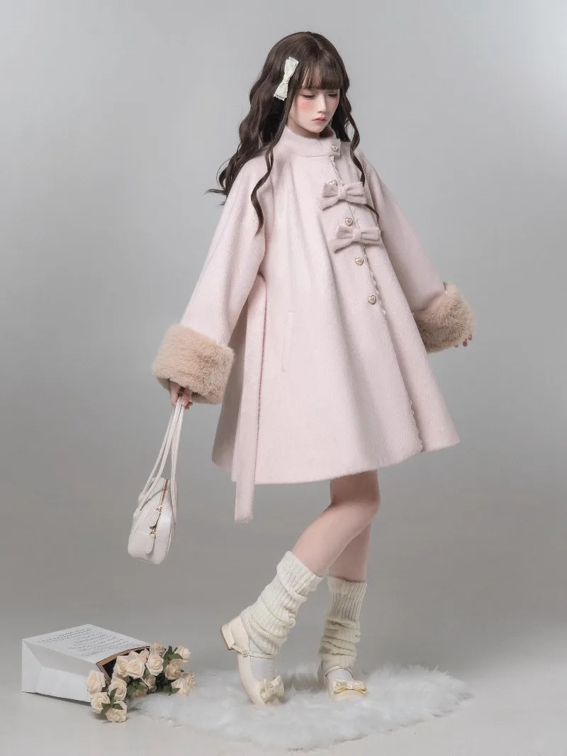 2025 Winter Autumn Original Japanese Style Elegant Cape Coat Pink Mass-Produced Lolita Long-sleeves Single-breasted Jacket Women