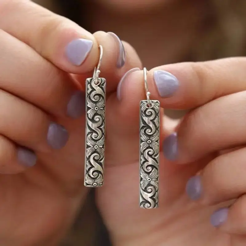 2 Pcs Vintage Geometric Cylindrical Pattern Ethic Personality Bohemian Dangle Earring Woman Party Prom Daily Gift Jewelry