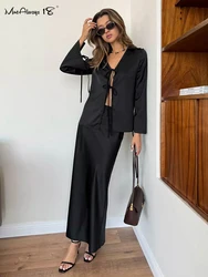 Mnealways18 Black Satin Skirts Sets Two Pieces Lace-Up Blouses And Ankle-Length Skirts Autumn Winter 2024 Women 2 Pieces Outfits