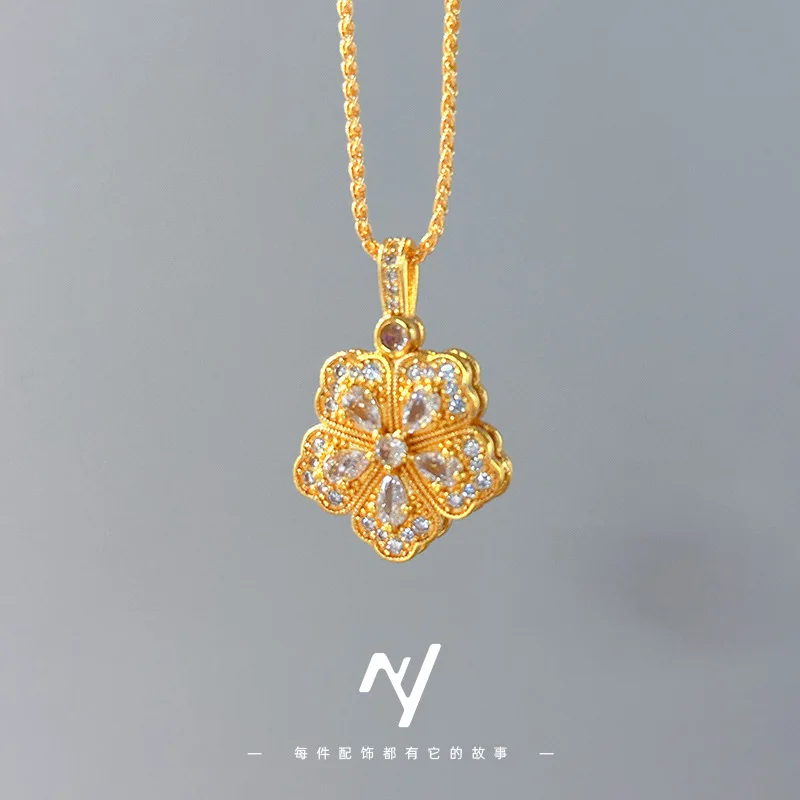 

Light luxury high-end 9999 24K Real Gold Medium-old Diamond Plum Pendant with Double-sided Wearing Brushed Plum Blossom Necklace