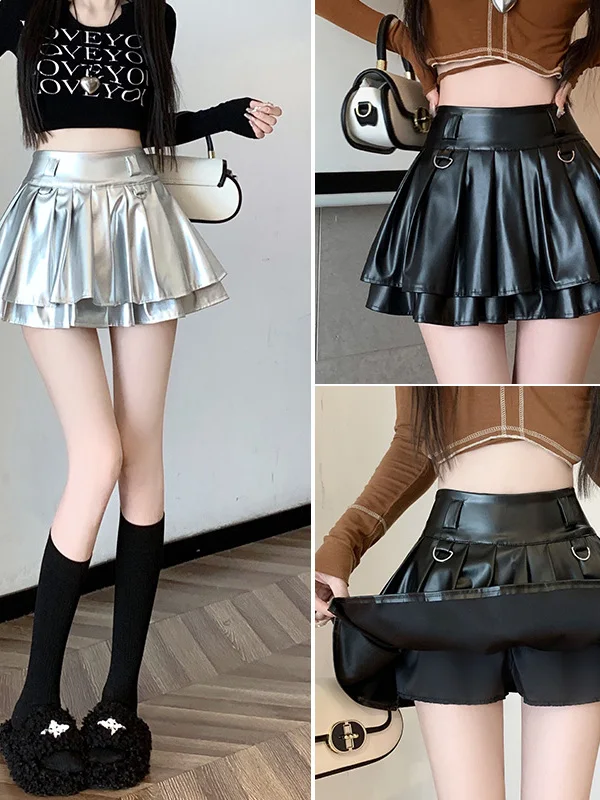 アメリカンスタイルのセクシーなシルバーの二重プリーツスカート、女性用サマーファッション、クールで美しいハイウエスト、スリム効果のあるレザー...