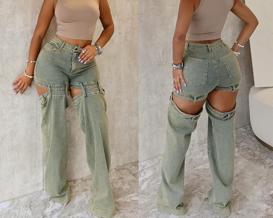 Women's High Street Fashion Retro Washed Hollow Out Jeans Personalized New Female Vintage Show Legs Sexy Nightclub Denim Pants
