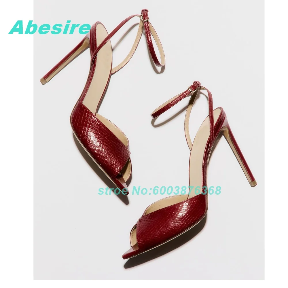

Burgundy Red Snake-Pattern Leather Sandals Open Toe Stiletto Heels Ankle Buckle Shoes for Women Sexy Party Fashion Show Shoes