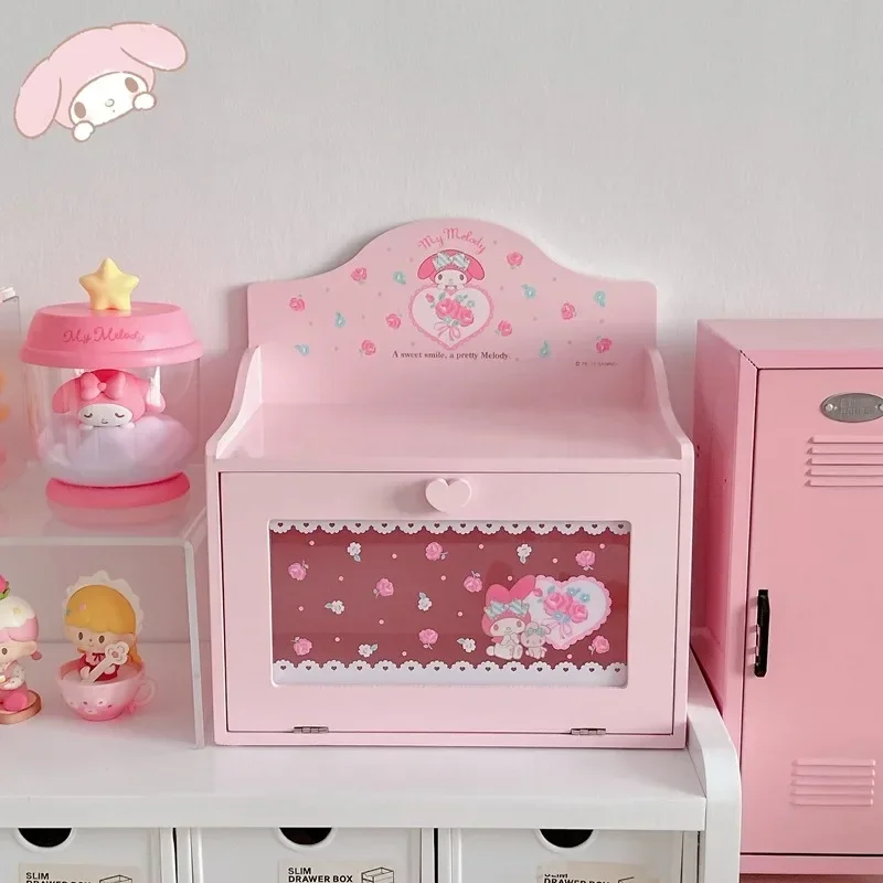 New Sanrio Cartoon Melody Wooden Desktop Jewelry Box Sundries Card Book Storage and Organizing Box Hand-made Display Cabinet