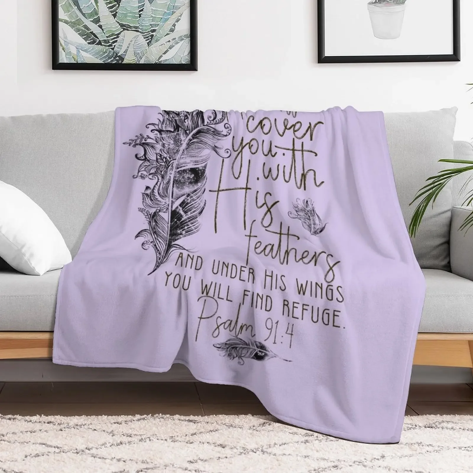 Psalm 91:4 Bible Scripture Feather Design Throw Blanket Reusable Durable Soft Blanket for All Seasons
